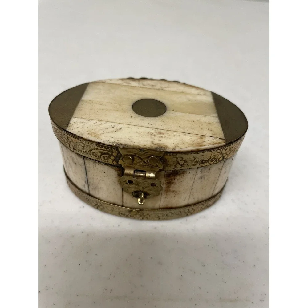 Vintage Set of 2 Handcrafted Bone & Brass Hinged Trinket Jewerly Box India‎